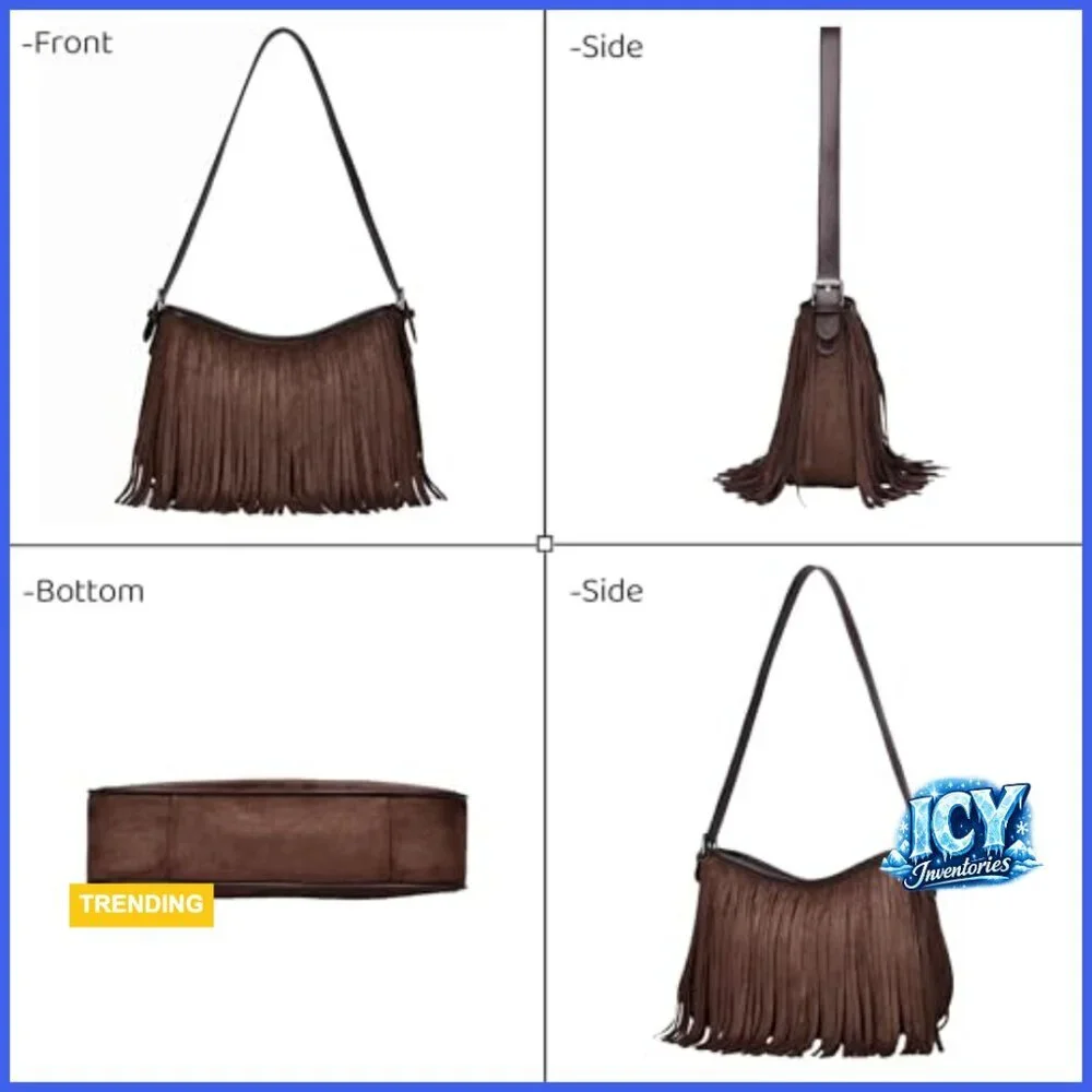 Vegan Suede Fringe Hobo Bag with Detachable Straps Crossbody Shoulder